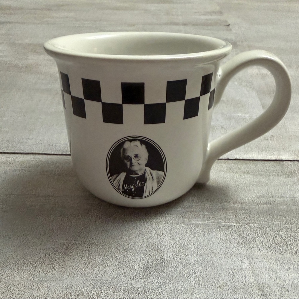 See's Candy Mary Lee Portrait White Ceramic Coffee Mug 3.5” Tall Black Check